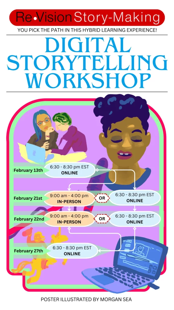 Poster of Re•Vision Centre's Digital Storytelling Workshop, illustrated by Morgan Sea